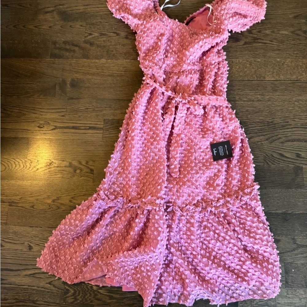NWT Lulu’s Dramatically Chic Mauve Pink Clip Dot Puff Sleeve Midi Dress - Picture 5 of 6